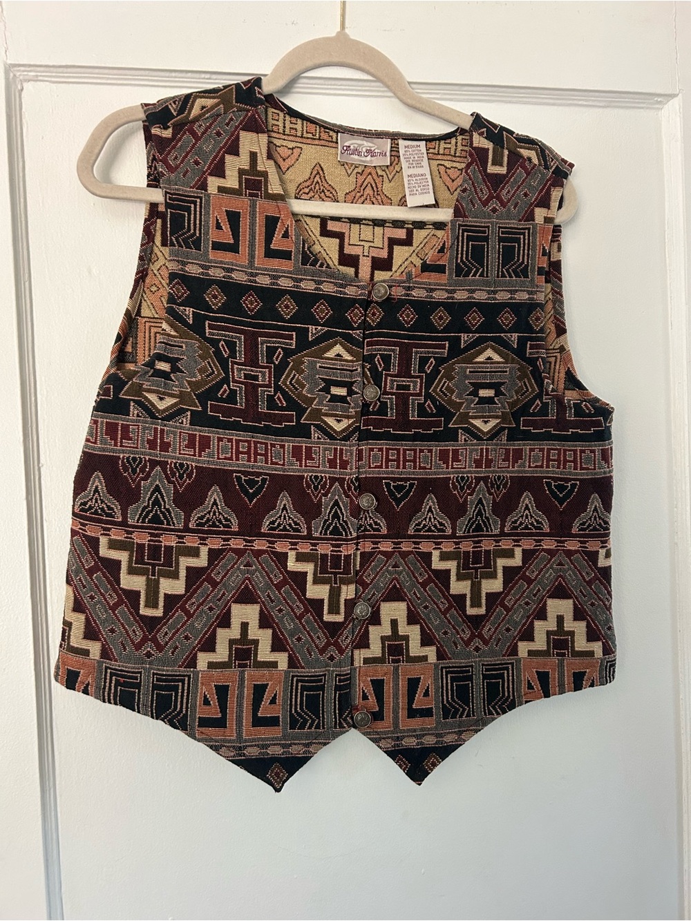 Vintage Southwestern Pattern Button Front Vest in Black, Burgundy & Tan